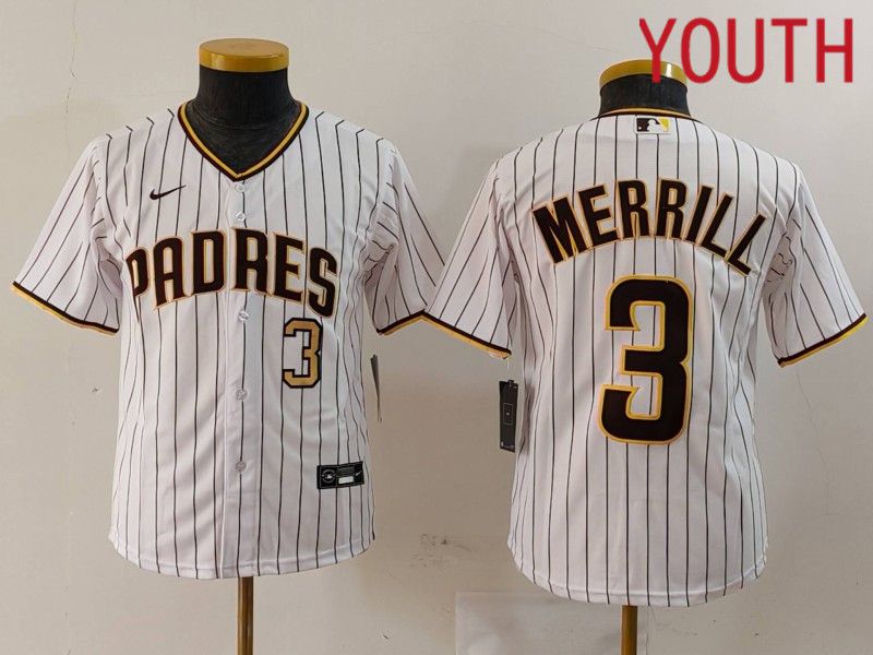 Youth San Diego Padres #3 Merrill White stripe Game 2024 Nike MLB Jersey style 2->youth mlb jersey->Youth Jersey